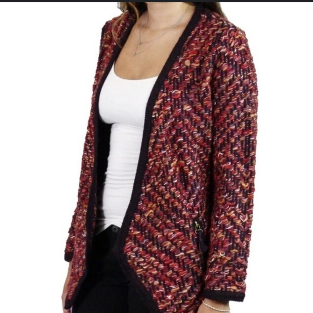 ANTHROPOLOGIE KEAVY JACQUARD RED JACKET CARDIGAN SWEATER by MOTH size M